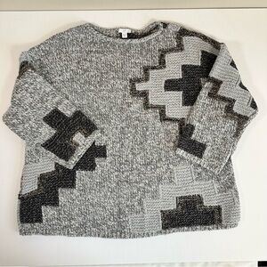 J. Jill Oversized Sweater Medium Gray Black Southwestern 3/4 Sleeve Cotton Blend